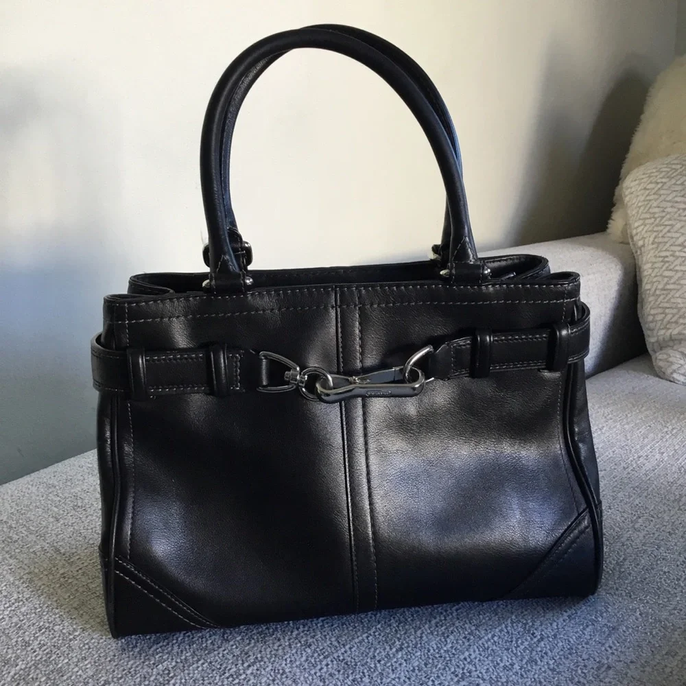 Coach Black Leather Top-Handle Satchel with Silver Hardware